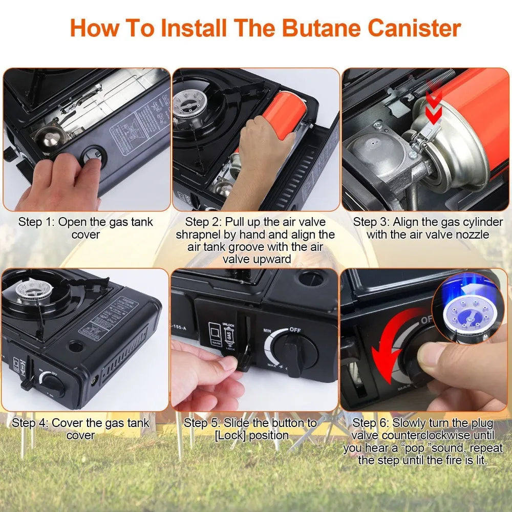3300W portable camping stove dual fuel burner electric ignition outdoor windproof energy-saving gas stove with automatic fuel tank injection overpressure cut-off portable case suitable for camping, picnicking, traveling, back