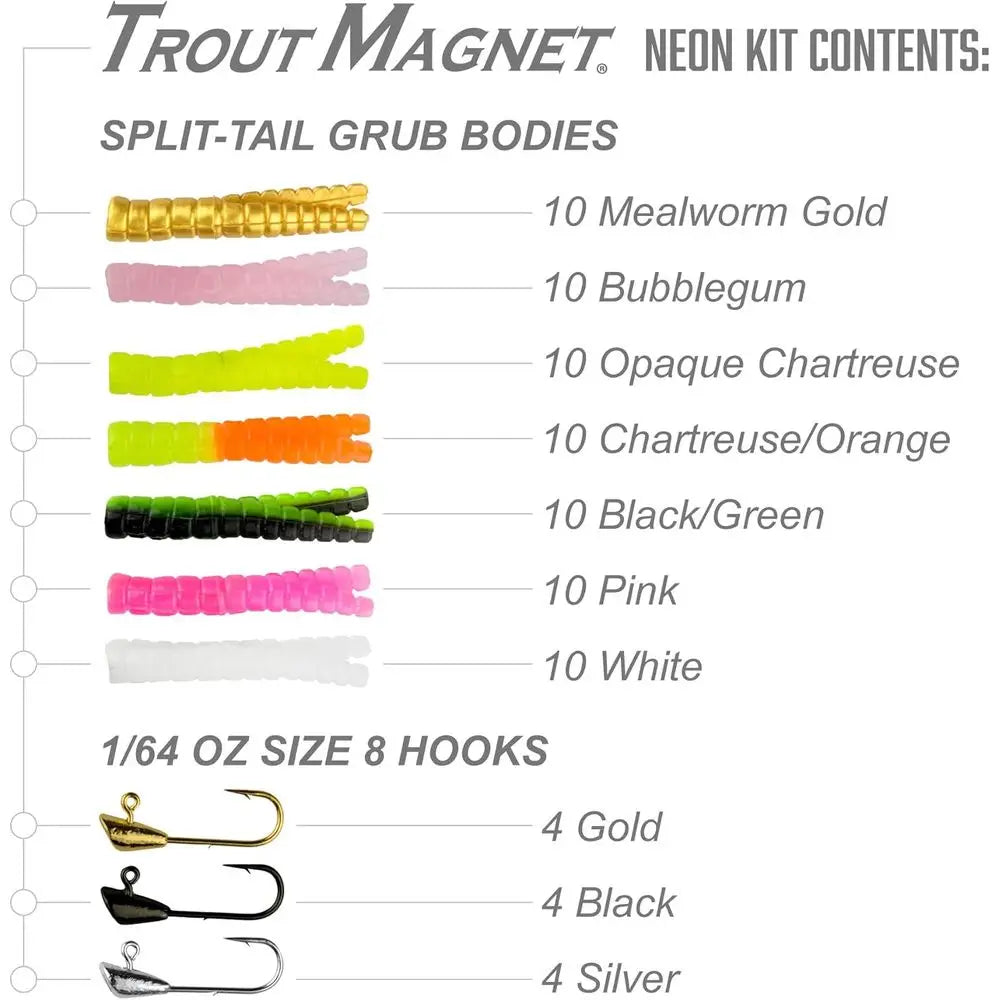 Neon Fishing Kit: 70 Grub Bodies & 12 Size 8 Hooks for Trout Fishing