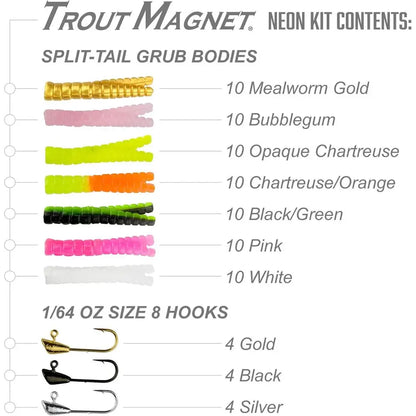 Neon Fishing Kit: 70 Grub Bodies & 12 Size 8 Hooks for Trout Fishing