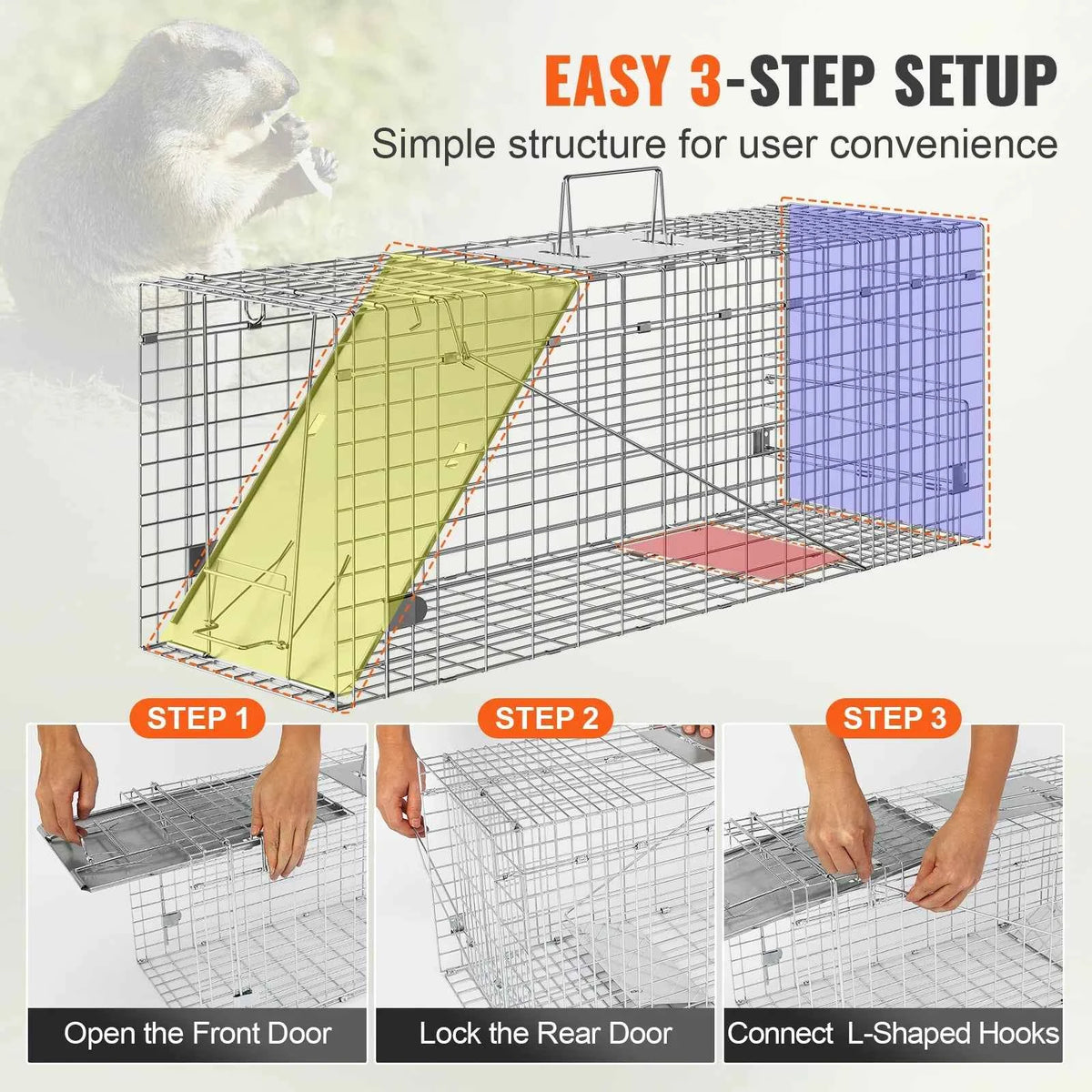 SucceBuy Live Animal Cage Trap Humane Cat Trap Galvanized Iron Folding Animal Trap with Handle for Rabbits Stray Cats Squirrels