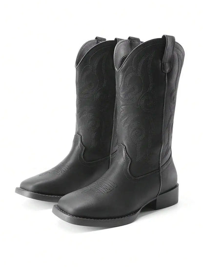 Womens Western Cowboy Boots Embroidered Square Toe Chunky Low Heel Mid Calf Fashion