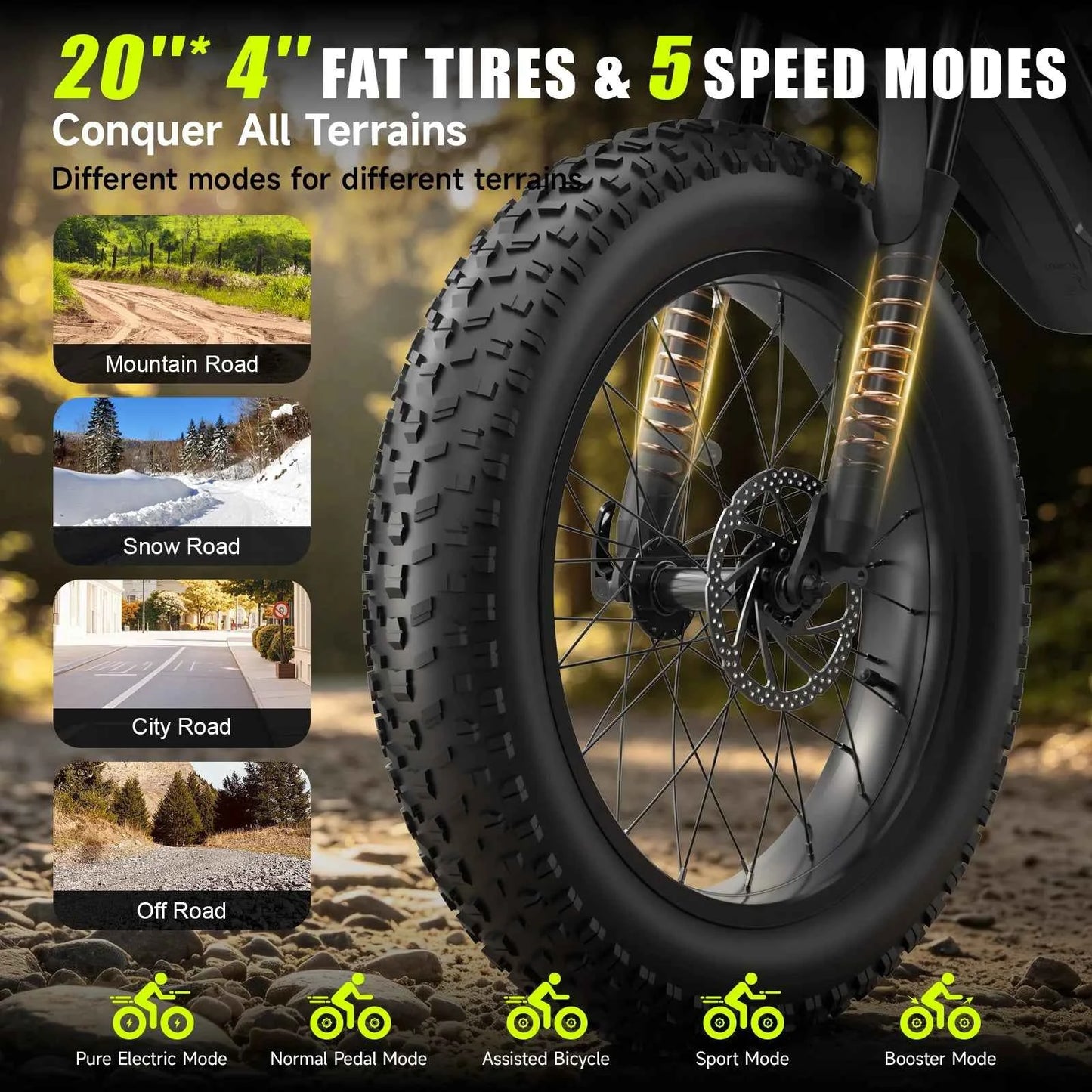 1500W Mountain Ebike 48V 15Ah Lithium Battery 31MPH Max Speed 65Miles Long Range Adult Off Road Electric Mountain Bike 20 inch