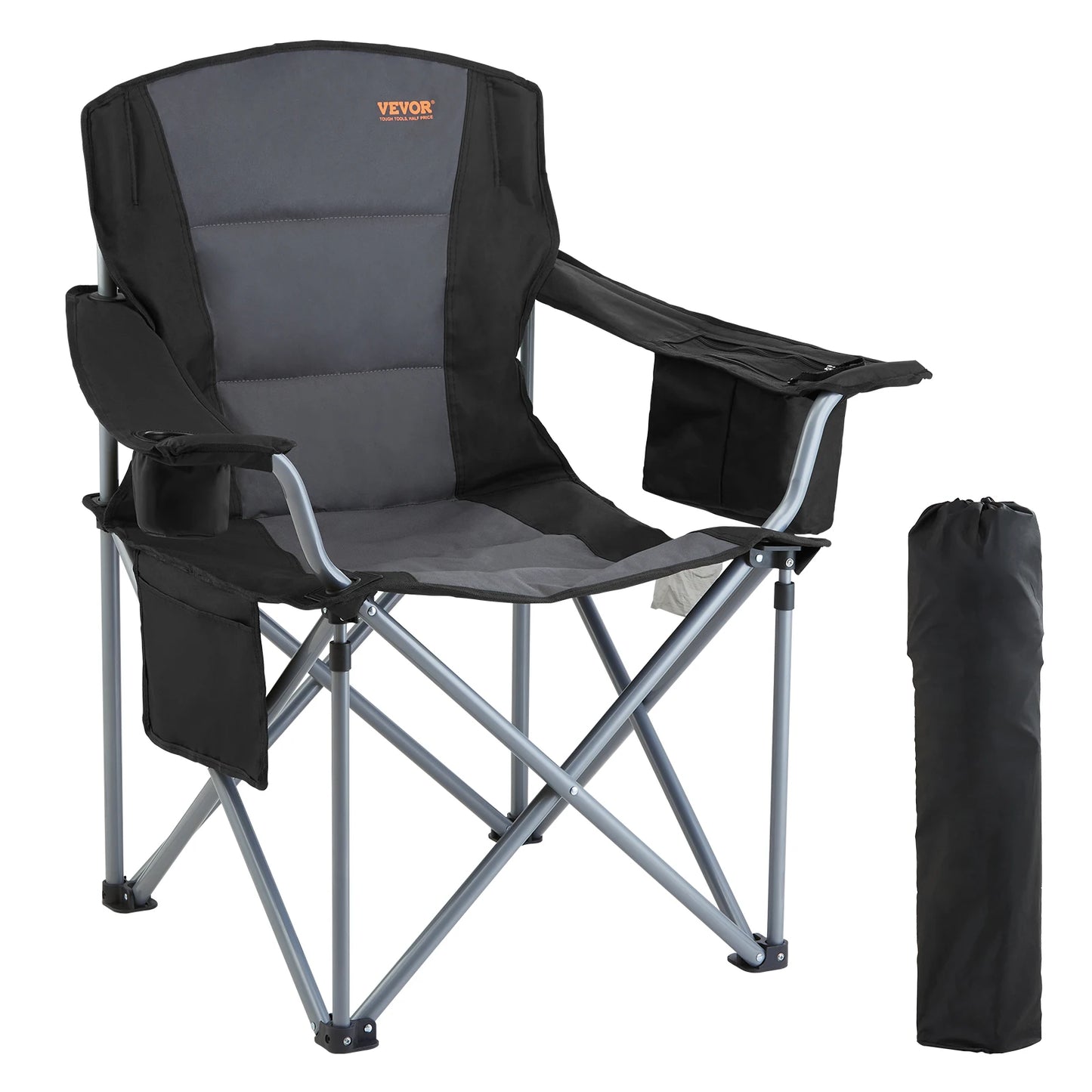 Camping Folding Chair for Adults Portable Quad Lumbar Back Padded Arm Chairs with Side Pockets for Beach, Lawn, Picnic