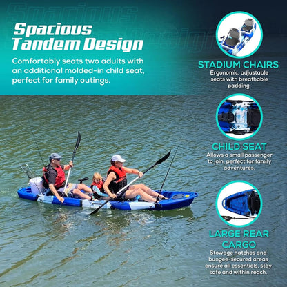 Tandem Fishing Angler Kayak 12 5ft Sit on Top Boat 2-3 Persons 550 Lbs Capacity Stable W Hull Water Sports Family Adventure