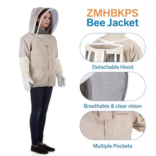 Bee Suit - Beekeeping Jacket for Men & Women - Beekeeper Jacket with Beekeeping Gloves and Veil Hood -Shallow Coffee