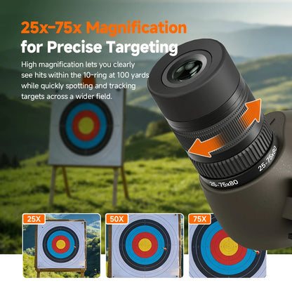 Svbony SV29 Spotting Scope 25-75x80mm FMC 57° Wide Angle Removable 1.25" Eyepiece Telescope for Target Shooting Archery