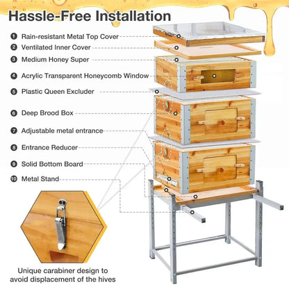 Bee Hive Box Starter Kit with Metal Stand Cedarwood Beehive with 10 Medium amp 20 Deep Frames, Full Beeswax Coating, Outdoor Ba