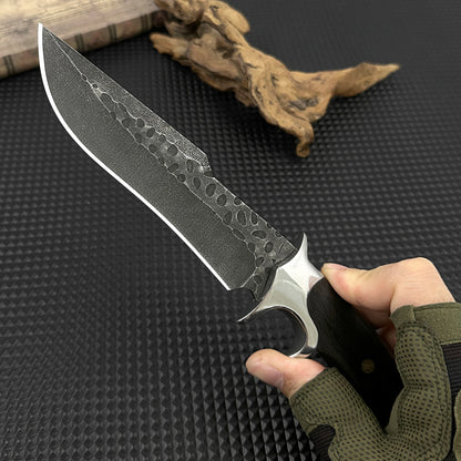 Hand-forged hammered fixed wooden-handled knife, survival knife, camping, with protective cover, D2 steel forged.