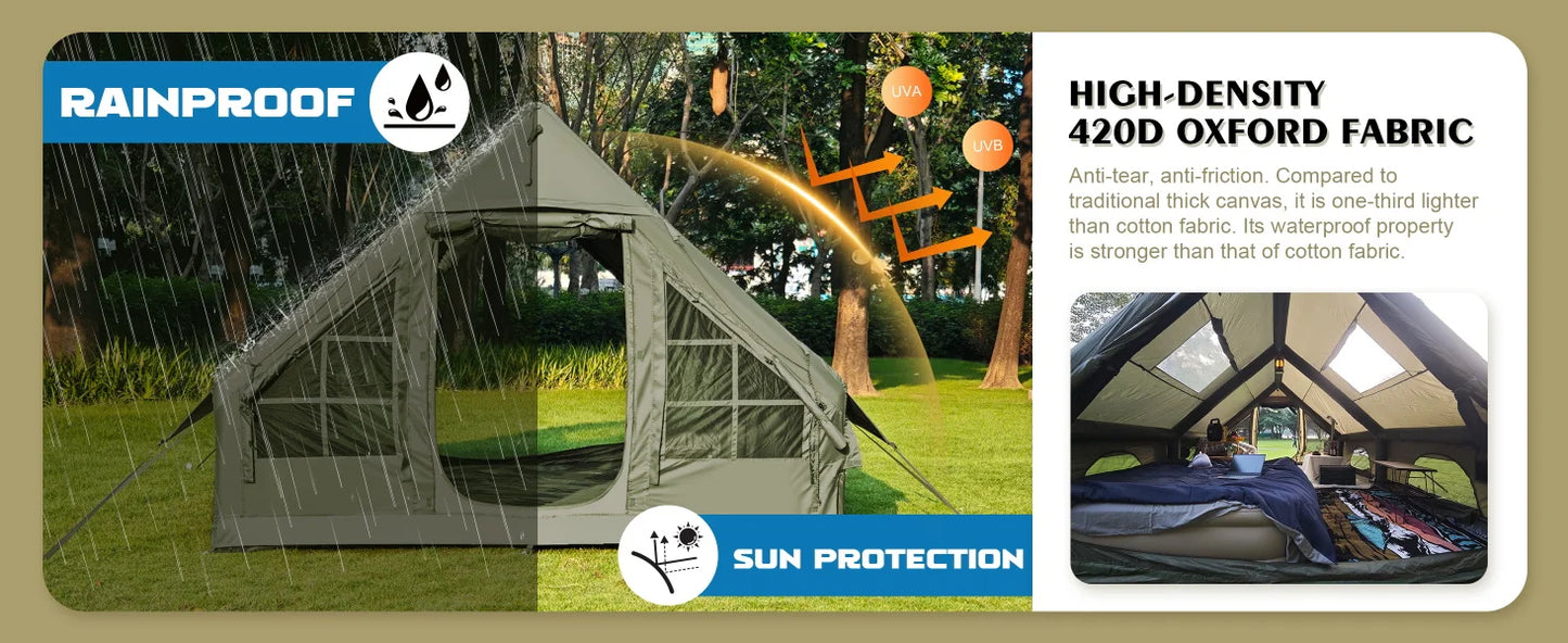 SENLEETO 129 Square Feet Inflatable Glamping Tent 4-8 Person for Camping,4 Season Blow up Tent with Stove Jack&AC Vent,Easy Setup Air Tent with High Pressure Pump