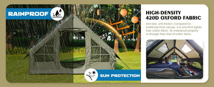 SENLEETO 129 Square Feet Inflatable Glamping Tent 4-8 Person for Camping,4 Season Blow up Tent with Stove Jack&AC Vent,Easy Setup Air Tent with High Pressure Pump