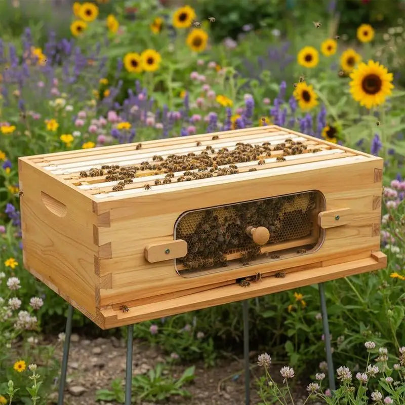 Natural Fir Wood Honey Super 19-7/8" x 16-1/4" x 6-5/8" For Apiary Backyard Orchard, Langstroth Hive 10 Frames Foundations Beeswax Coated Transparent Observation Windows Medium Size Professional Beekeeping Equipment
