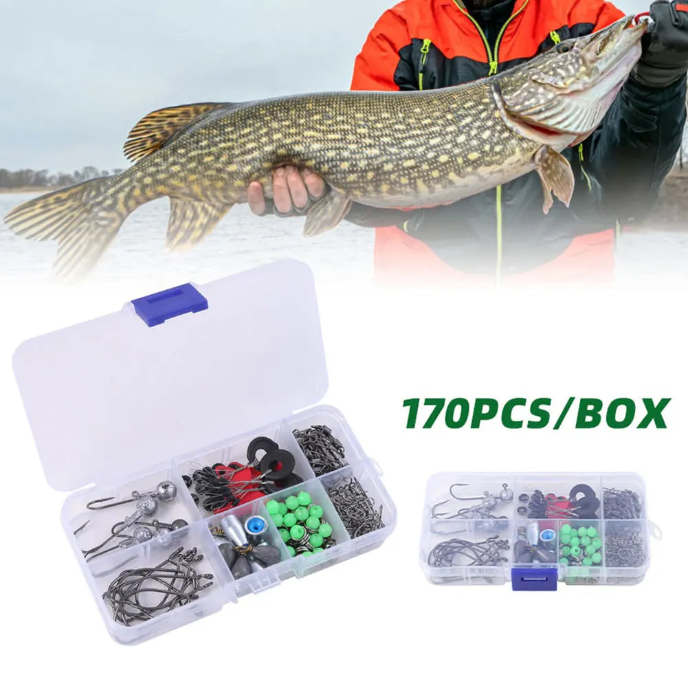 170pcs Fishing Tools Accessories Kit Set with Fishing Box Fish Hooks Swivels Sinkers Fishing Accessories Kit Gifts for Men