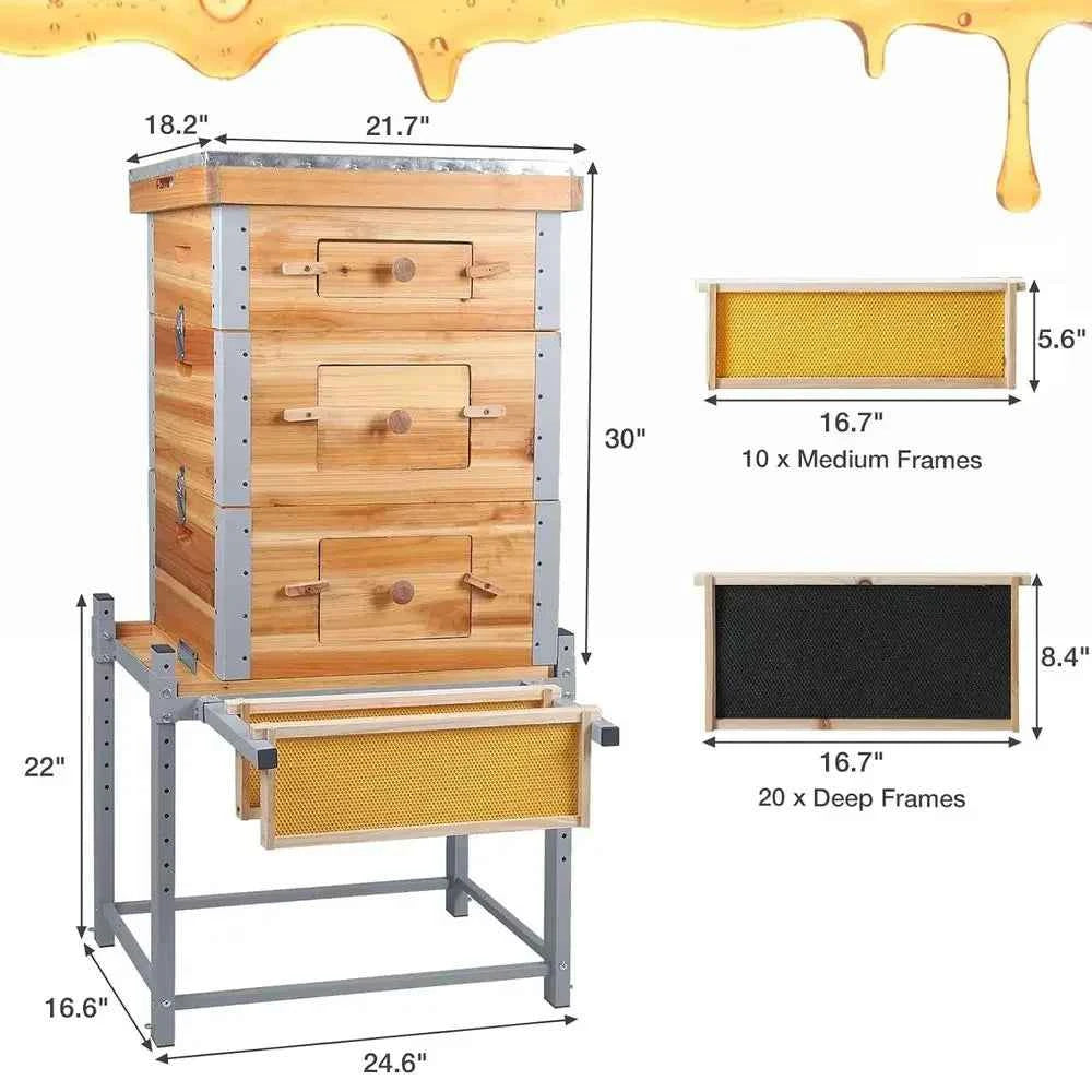 Bee Hive Box Starter Kit with Metal Stand Cedarwood Beehive with 10 Medium amp 20 Deep Frames, Full Beeswax Coating, Outdoor Ba