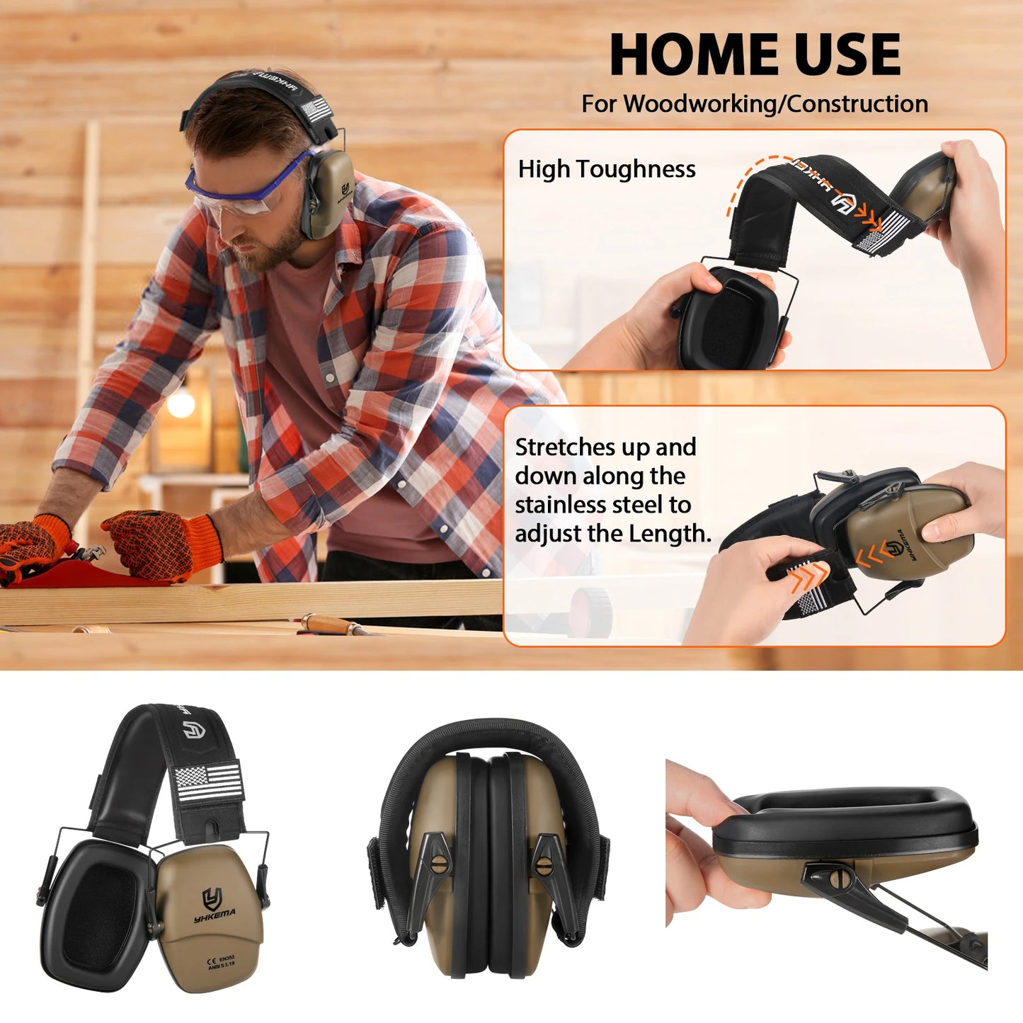 YHKEMA Passive Noise Cancelling Headphones, Foldable On-Ear Hearing Protection Earphones for Hunting, Work, Mowing - NRR 25dB