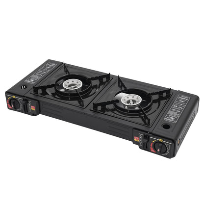 2 Burners Portable Camping Stove, 2.5KW Auto Ignition Butane/LPG Gas Stove w/Baking Tray+Carrying Case for RV Outdoor Picnic BBQ