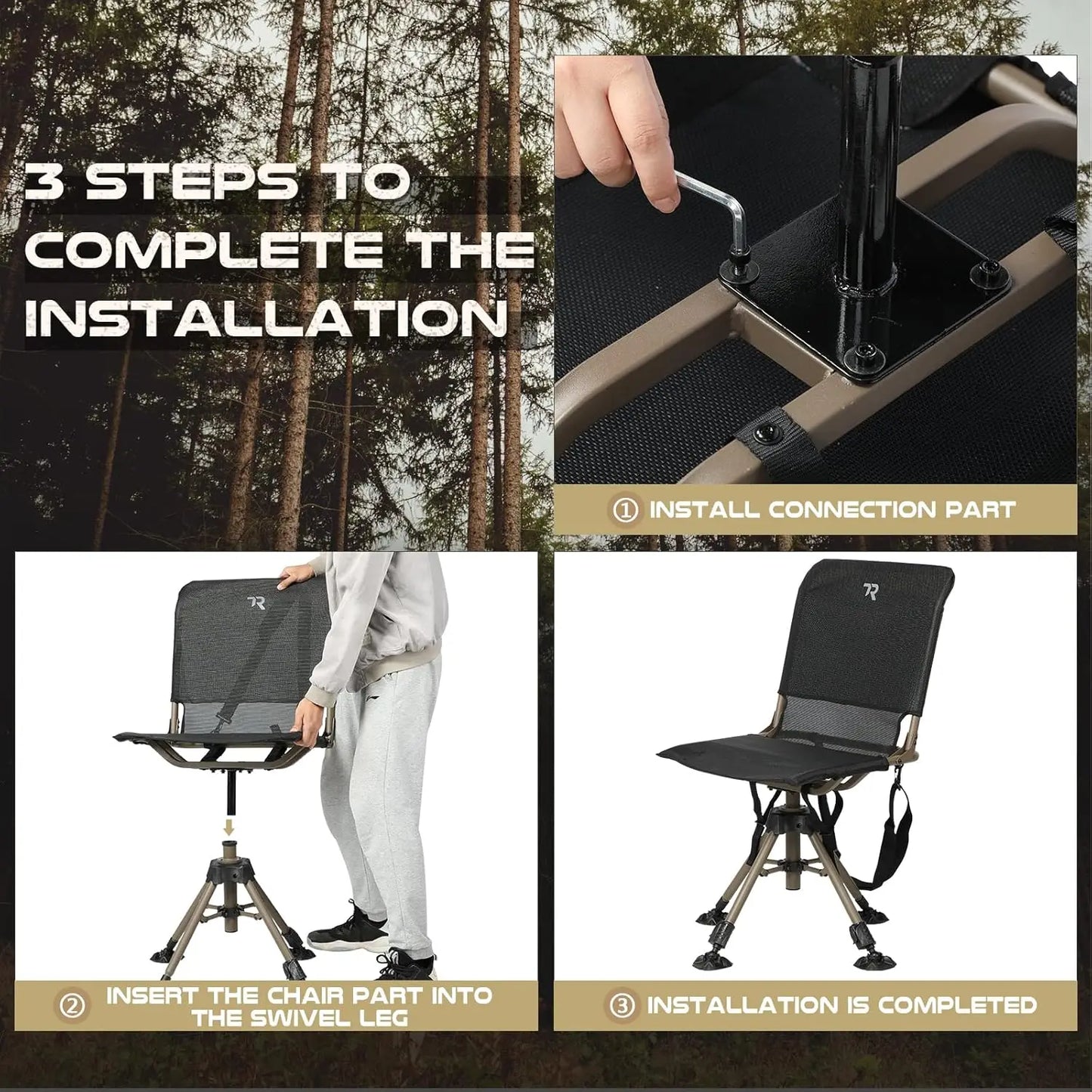 360 Degree Silent Swivel Folding Hunting Chair, Adjustable Height & Legs, 400lbs Capacity, Portable Ground Seat