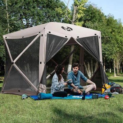 5-Sided Outdoor Gazebo Tent with Netting, Quick Setup Patio Shelter, 10x10 Feet, Tan