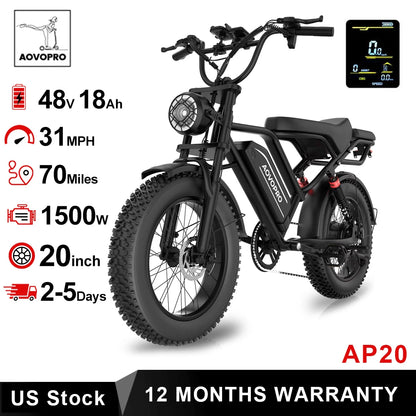 AOVOPRO AP20 Electric Bike 1500W 20" Fat Tire 31mph Top Speed 70 Miles Range for Road Sand Mountain Snow Electric Motorcycle
