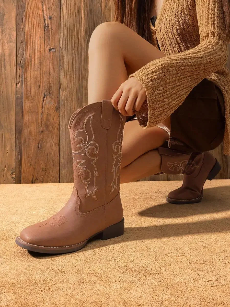 Womens Western Cowboy Boots Embroidered Square Toe Chunky Low Heel Mid Calf Fashion