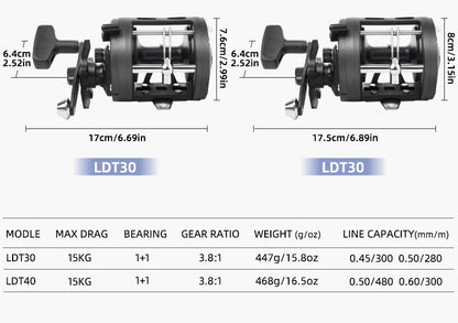 BILLINGS Trolling Drum Fishing Reels 33LB Max Drag 3.8:1 Gear Ratio High Toughness Body Freshwater & Saltwater Universal Bait Caster Fishing Reel