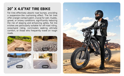 1500W Mountain Ebike 48V 15Ah Lithium Battery 31MPH Max Speed 65Miles Long Range Adult Off Road Electric Mountain Bike 20 inch