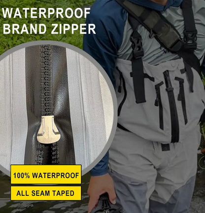 Dryfish Men Front Zipper Chest Waders Waterproof Breathable Stockingfoot Fishing Wader with Multi Pockets Adjustable Waist Belt for Fly Fishing Hunting Outdoor Stream Wading