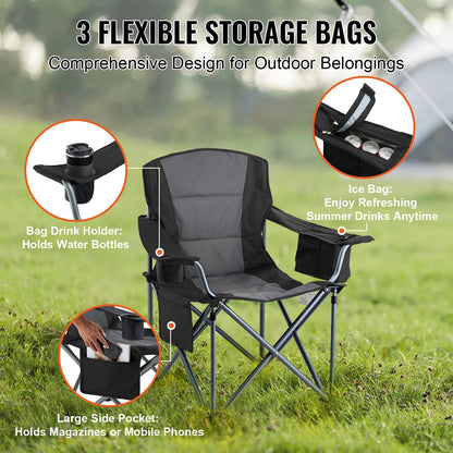 Camping Folding Chair for Adults Portable Quad Lumbar Back Padded Arm Chairs with Side Pockets for Beach, Lawn, Picnic
