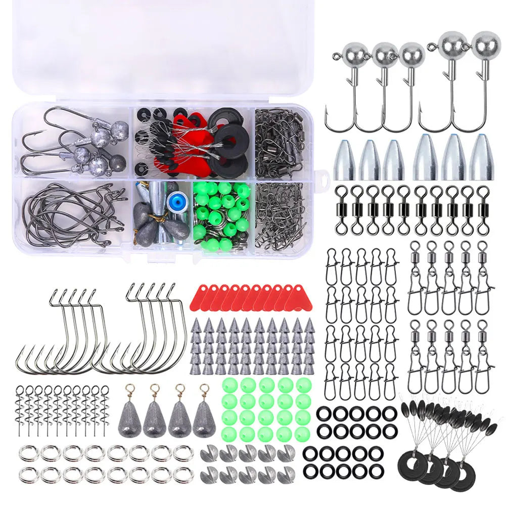 170pcs Fishing Tools Accessories Kit Set with Fishing Box Fish Hooks Swivels Sinkers Fishing Accessories Kit Gifts for Men