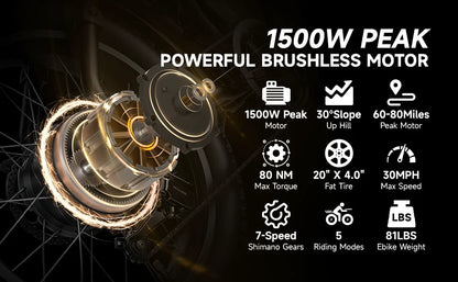 1500W Mountain Ebike 48V 15Ah Lithium Battery 31MPH Max Speed 65Miles Long Range Adult Off Road Electric Mountain Bike 20 inch