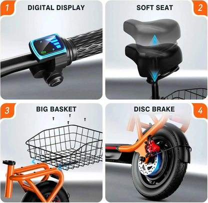 SISIGAD C10 600W Electric Bicycle, 19MPH top speed, 20-mile range, with seat, shock absorbers, folding design, and dual brakes.