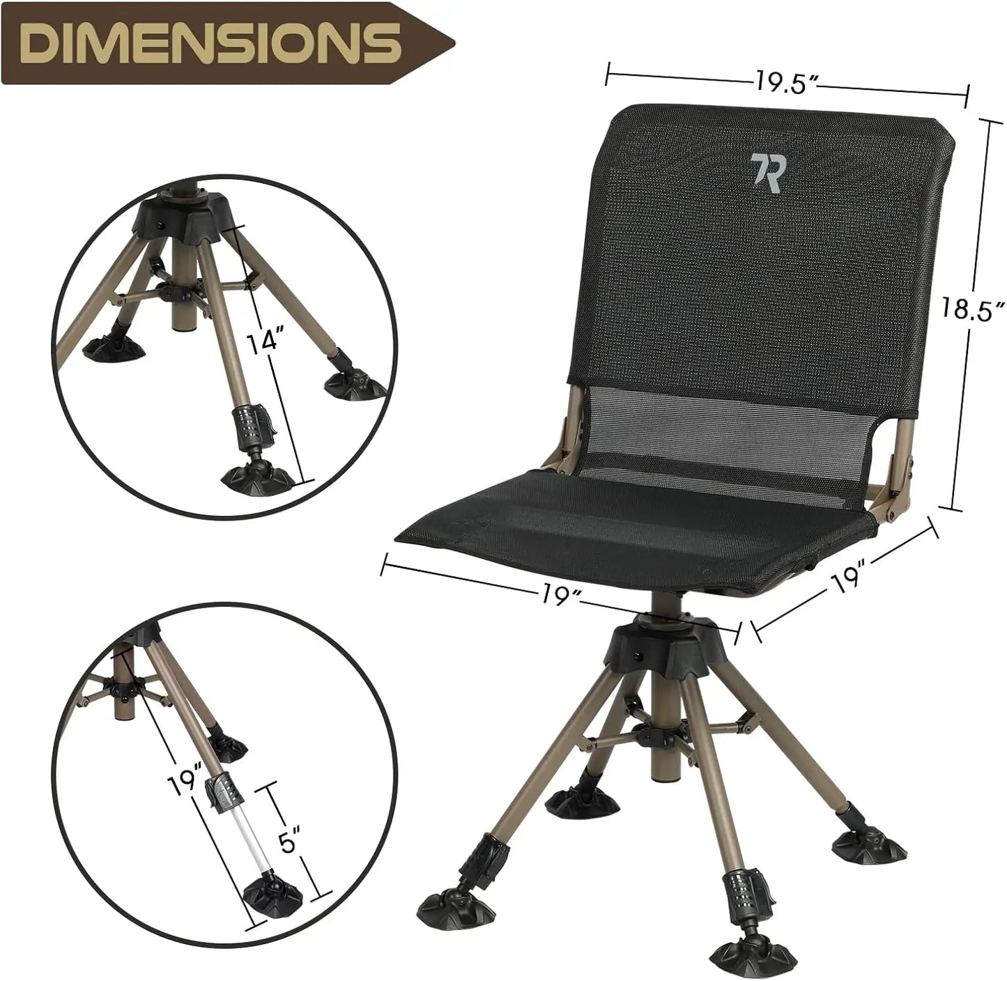360 Degree Silent Swivel Folding Hunting Chair, Adjustable Height & Legs, 400lbs Capacity, Portable Ground Seat