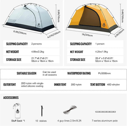 4 Season Waterproof Lightweight Camping Tent for 2 Person Easy Setup Outdoor Hiking Backpacking