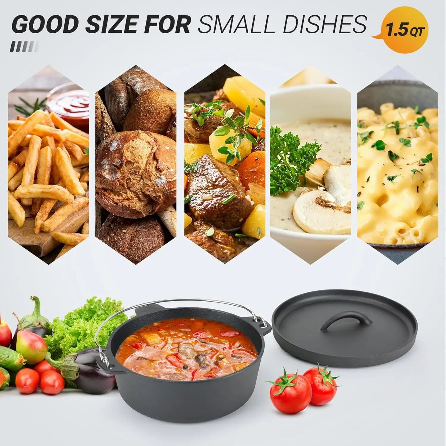 Cast Iron Dutch Oven Pot with Lid, 1.5 Quart for Small Dishes, Camping Cookware, BBQ & Garlic Roaster