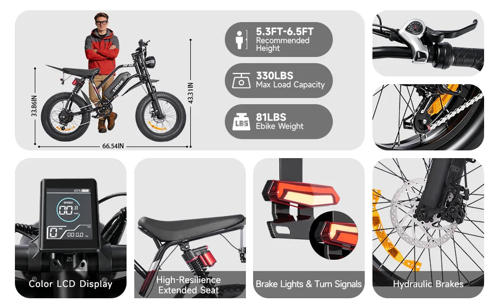 1500W Mountain Ebike 48V 15Ah Lithium Battery 31MPH Max Speed 65Miles Long Range Adult Off Road Electric Mountain Bike 20 inch