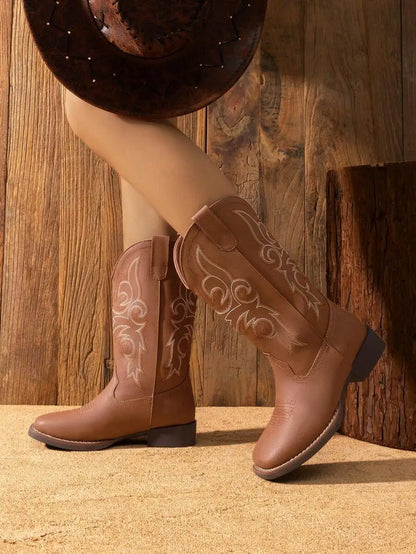 Womens Western Cowboy Boots Embroidered Square Toe Chunky Low Heel Mid Calf Fashion