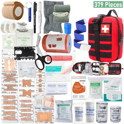 379pcs Home Office First Aid Kit Portable Emergency Bag, Red Survival Carry-On for Outdoor Activities, Camping, Hunting, Hiking