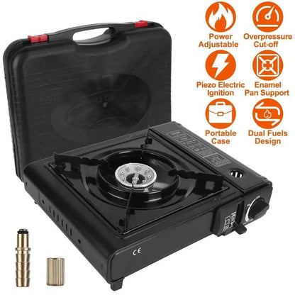 3300W portable camping stove dual fuel burner electric ignition outdoor windproof energy-saving gas stove with automatic fuel tank injection overpressure cut-off portable case suitable for camping, picnicking, traveling, back