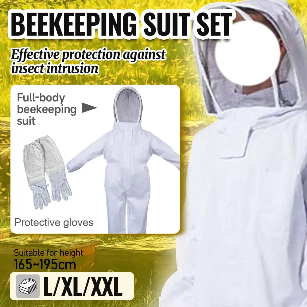 Full Body Beekeeping Suit with Veil Jacket Pants Gloves Breathable Cotton Thickened Protection L XL XXL for 165-195cm Height