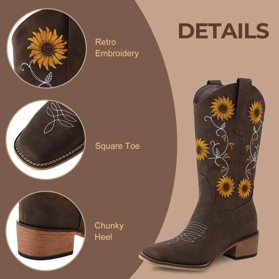 Cowboy Boots for Women Square Toe Mid Calf Western Cowgirl Boots with Sunflower Embroidery, Chunky Heel, Pull On Design