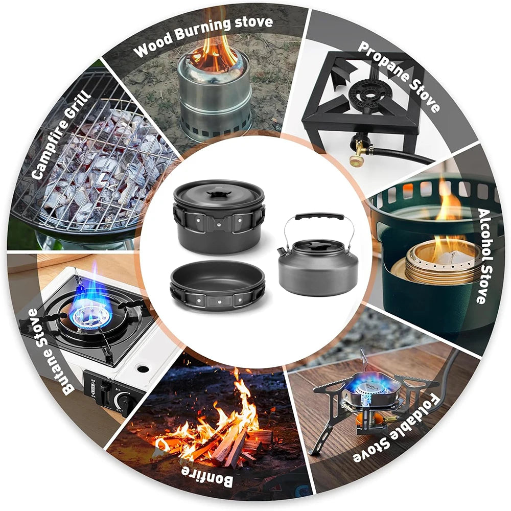 21pcs Camping Cookware Set Portable Outdoor Picnic Tableware Cookset Cooking Kit with Cups Plates Forks Knives Spoons