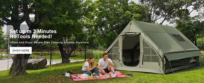SENLEETO 129 Square Feet Inflatable Glamping Tent 4-8 Person for Camping,4 Season Blow up Tent with Stove Jack&AC Vent,Easy Setup Air Tent with High Pressure Pump