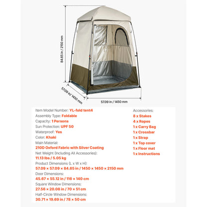 Camping Shower Tent 1 Room Foldable Privacy Tent Changing Room with Ground Stakes Ropes Carry Bag and Crossbar
