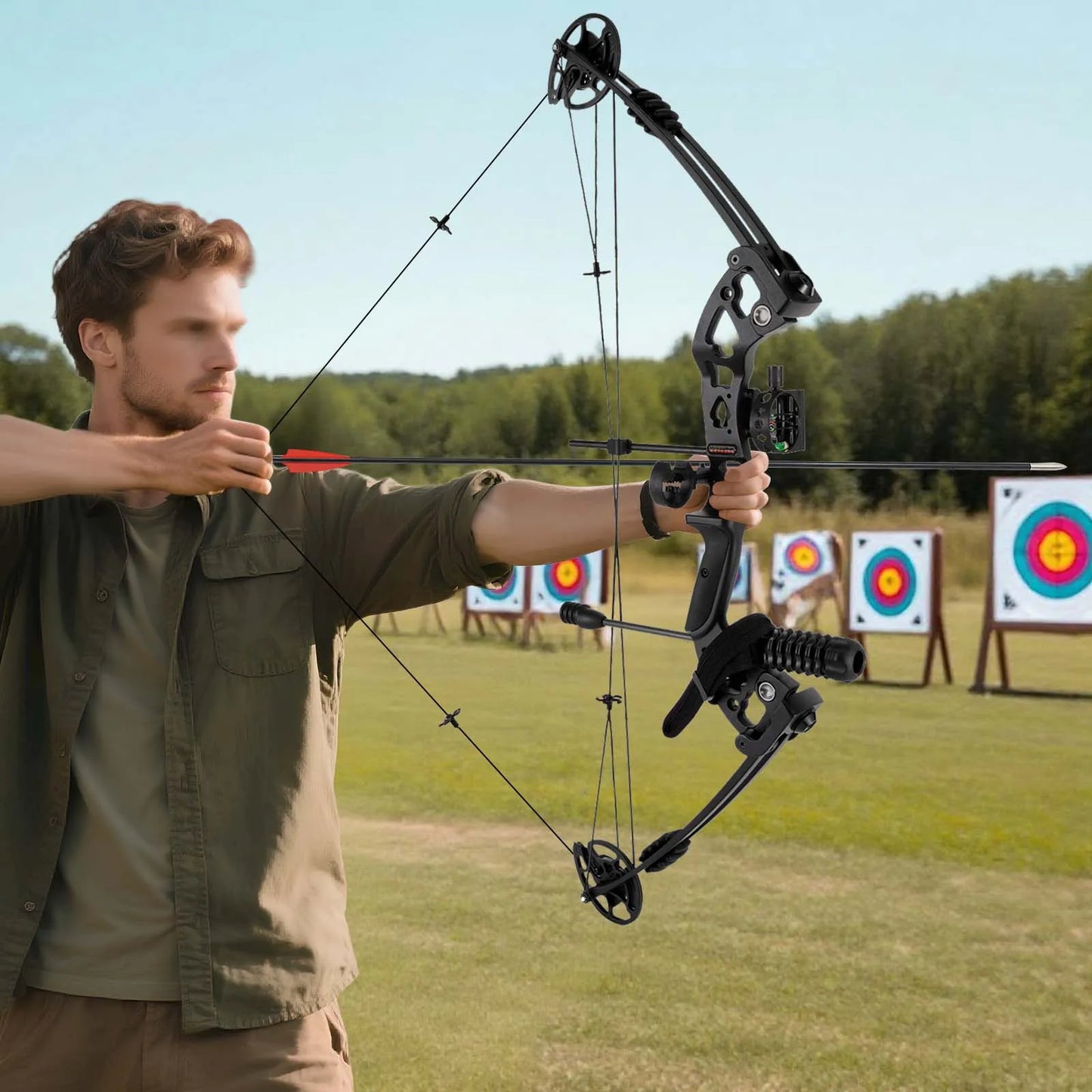 Fully Adjustable Compound Bow Kit Right Handed, 30-70LB Draw Weight with Lighted Sight & Shock Absorption, Complete Hunting Accessories for Archery Beginners & Pros