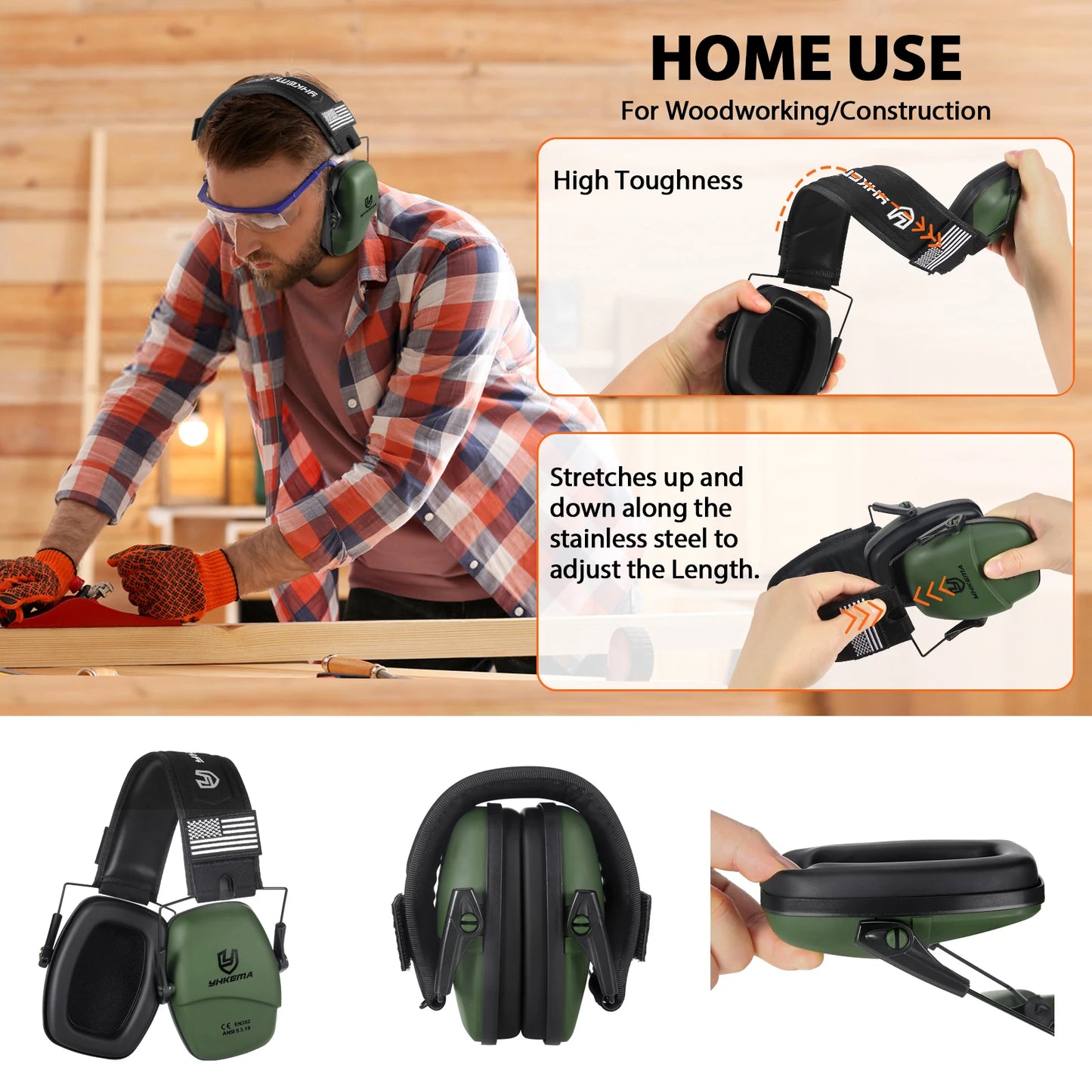YHKEMA Passive Noise Cancelling Headphones, Foldable On-Ear Hearing Protection Earphones for Hunting, Work, Mowing - NRR 25dB
