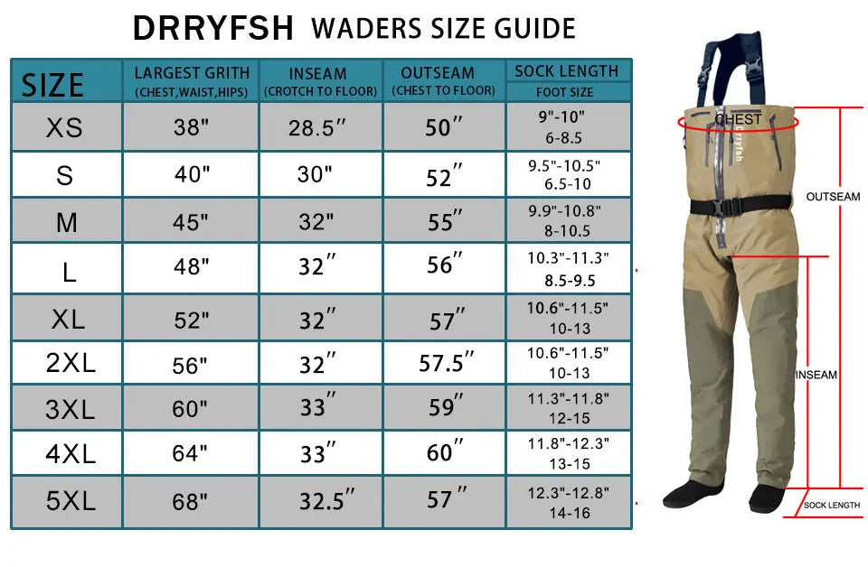 Dryfish Men Front Zipper Chest Waders Waterproof Breathable Stockingfoot Fishing Wader with Multi Pockets Adjustable Waist Belt for Fly Fishing Hunting Outdoor Stream Wading
