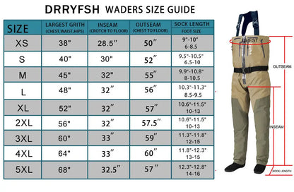 Dryfish Men Front Zipper Chest Waders Waterproof Breathable Stockingfoot Fishing Wader with Multi Pockets Adjustable Waist Belt for Fly Fishing Hunting Outdoor Stream Wading