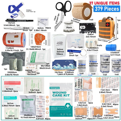 379pcs Home Office First Aid Kit Portable Emergency Bag, Red Survival Carry-On for Outdoor Activities, Camping, Hunting, Hiking