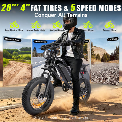 1500W Mountain Ebike 48V 15Ah Lithium Battery 31MPH Max Speed 65Miles Long Range Adult Off Road Electric Mountain Bike 20 inch