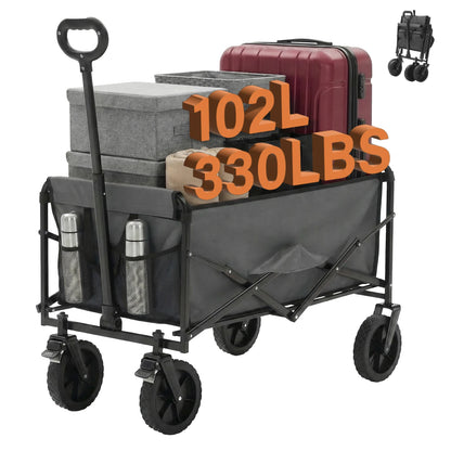 JHK 102L Heavy Duty Collapsible Wagon Cart Utility Folding Wagon with Wheels 330 lbs Weight CapacityFlexible Handle for Camping