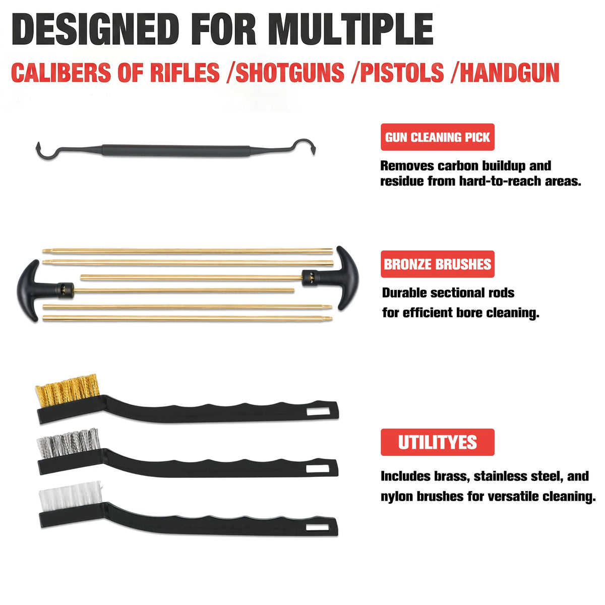 Universal Gun Cleaning Kit with Carry Case, Folding Stand, CLP Wipes, Solid Brass Rods for Rifle Shotgun Handgun